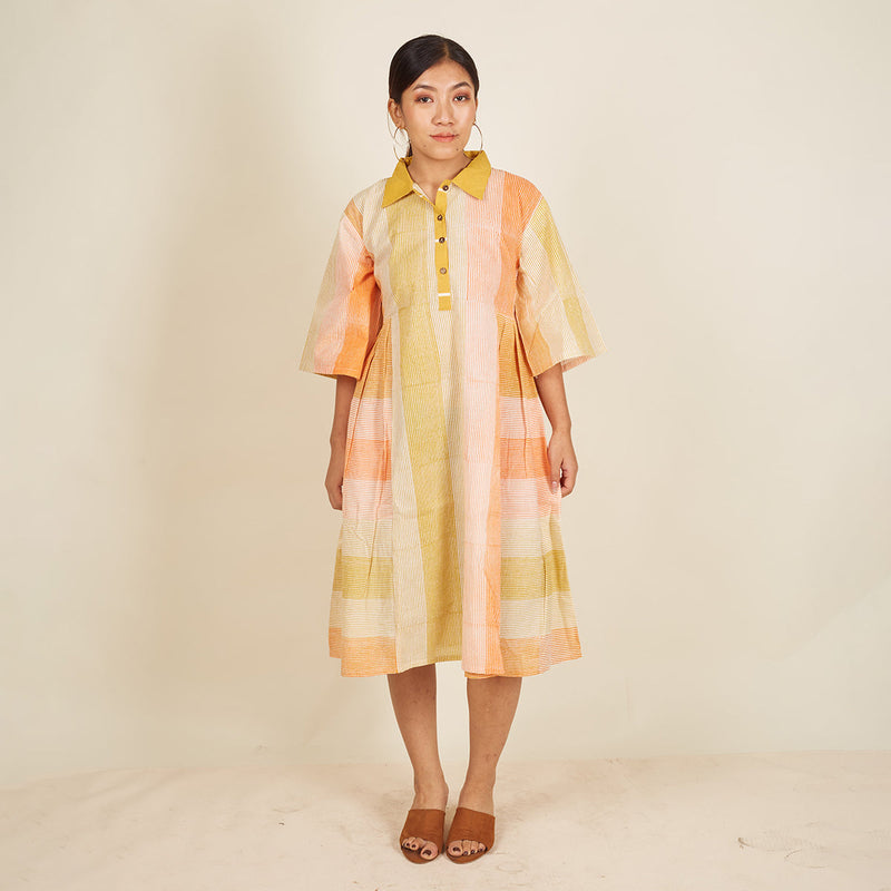 Cotton Midi Dress for Women | Striped | Yellow & Orange