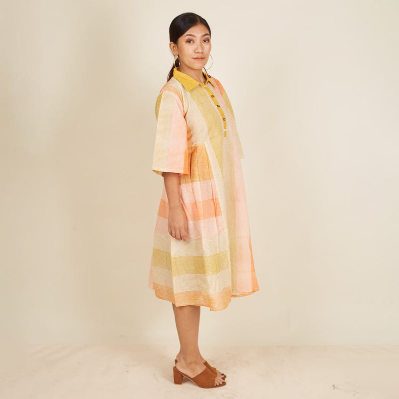 Cotton Midi Dress for Women | Striped | Yellow & Orange