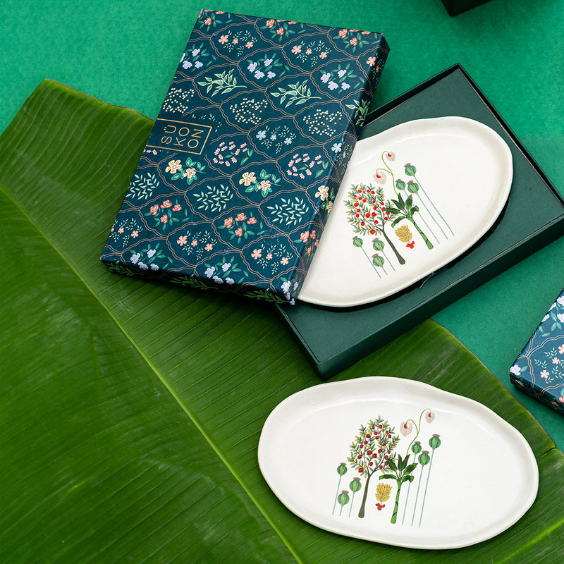 Diwali Gift Hampers | Ceramic Serving Platter Gift Box | White | Set of 2