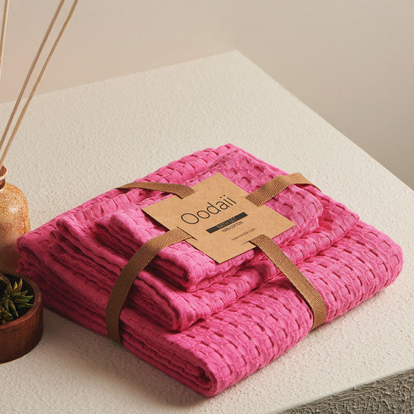 Cotton Towel Set | Waffle Design | Rose Pink | Set of 4