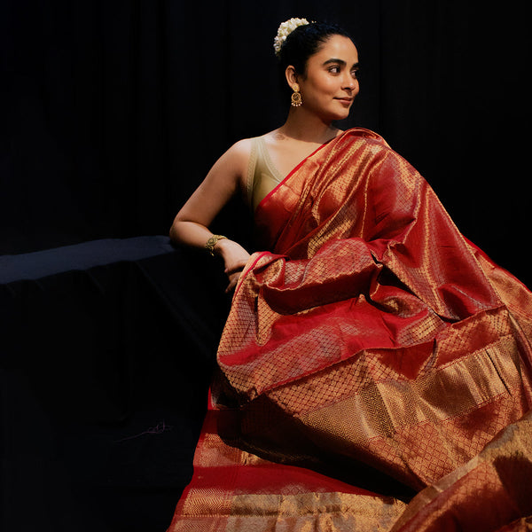 Kanjeevaram Silk Saree | Liquid Gold | Red