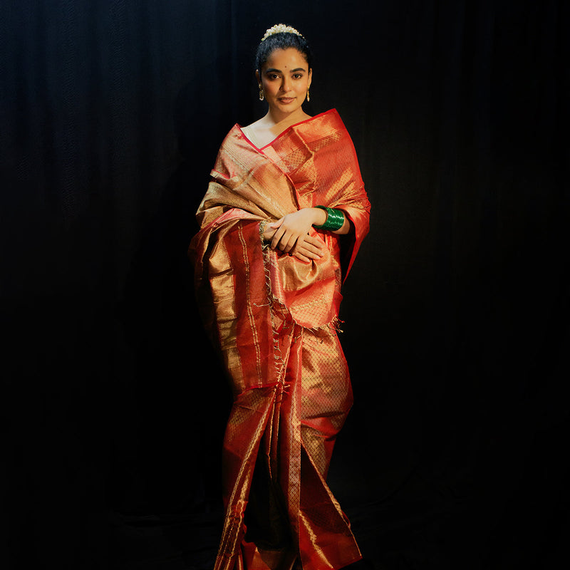 Kanjeevaram Silk Saree | Liquid Gold | Red