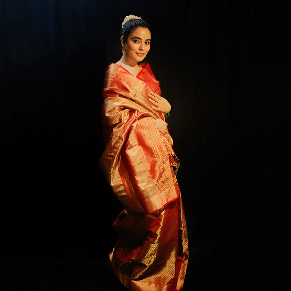 Kanjeevaram Silk Saree | Liquid Gold | Red