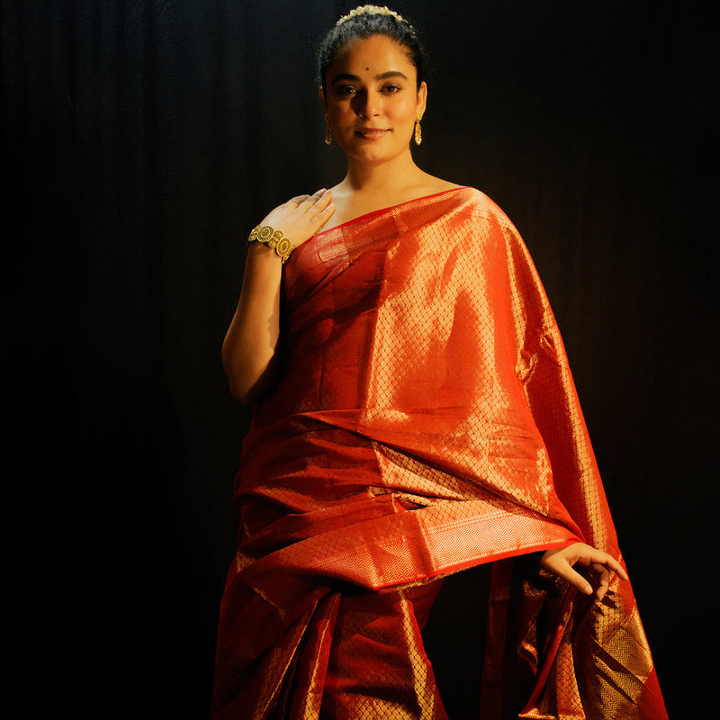 Kanjeevaram Silk Saree | Liquid Gold | Red