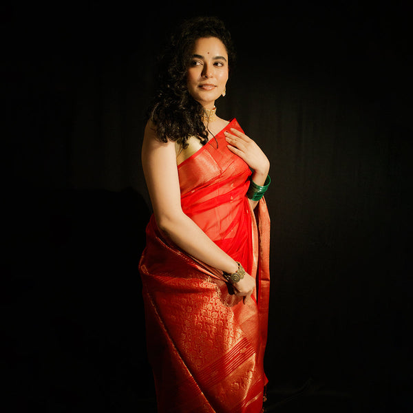 Maheshwari Tissue Silk Saree | Red