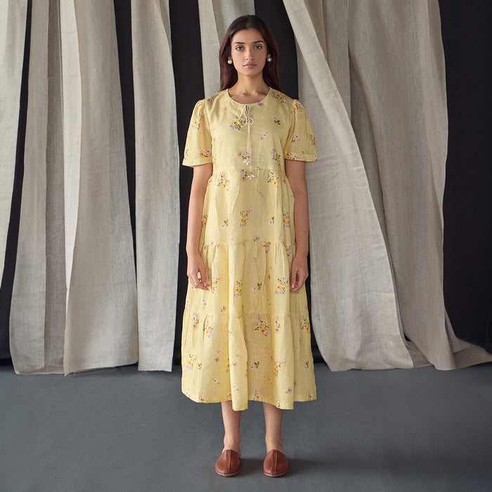 Linen Dress For Women | Printed & Embellished | Yellow