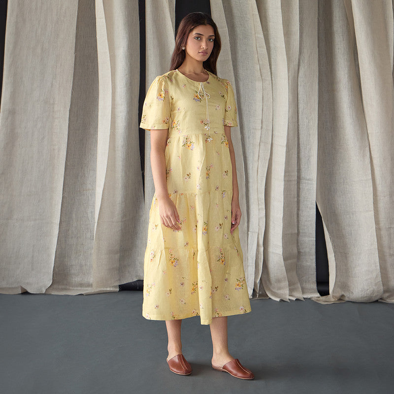 Linen Dress For Women | Printed & Embellished | Yellow