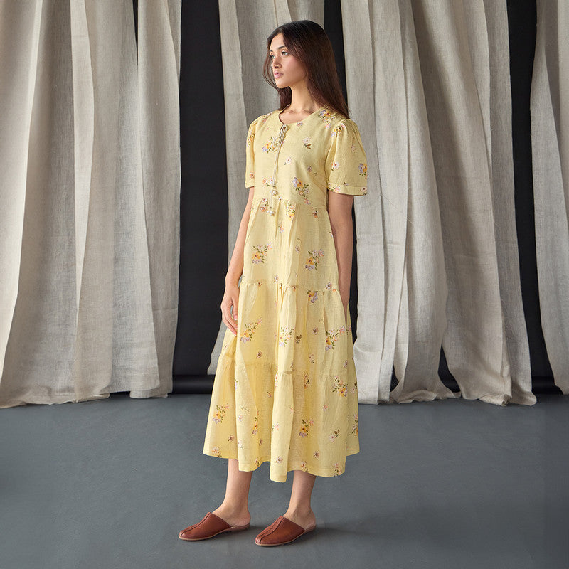 Linen Dress For Women | Printed & Embellished | Yellow