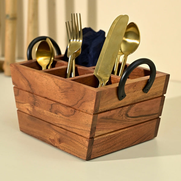 Wooden Cutlery Holder with Handle | Mahogany