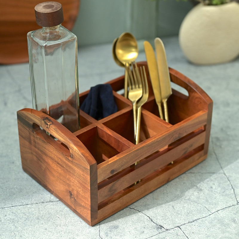 Acacia Wood Cutlery Holder | Wooden Organizer | 27.5x19.5x14.2 cm