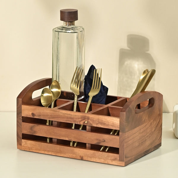 Acacia Wood Cutlery Holder | Wooden Organizer | 27.5x19.5x14.2 cm