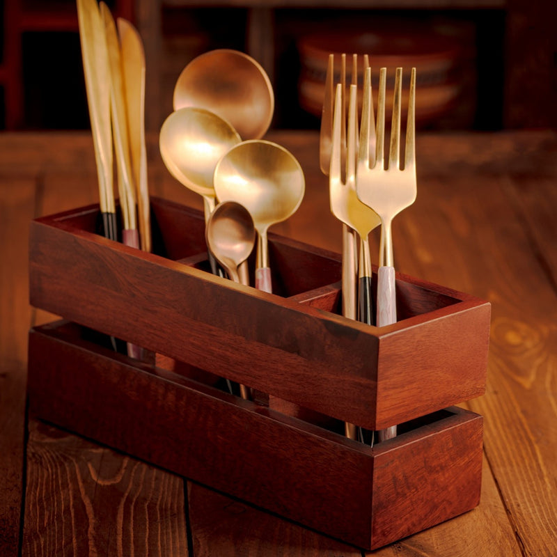 Wooden Cutlery Holder | 3 Compartments | Brown | 23 cm