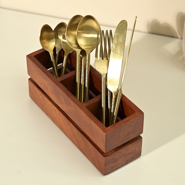 Wooden Cutlery Holder | 3 Compartments | Brown | 23 cm