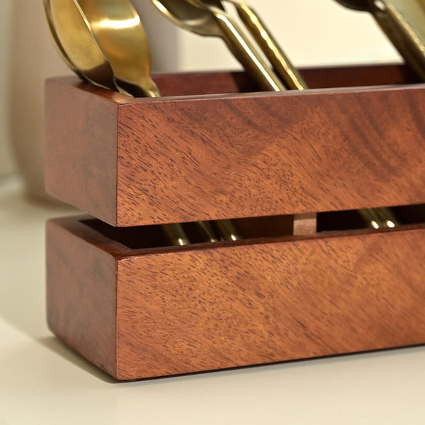 Wooden Cutlery Holder | 3 Compartments | Brown | 23 cm