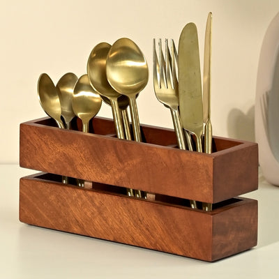 Wooden Cutlery Holder | 3 Compartments | Brown | 23 cm