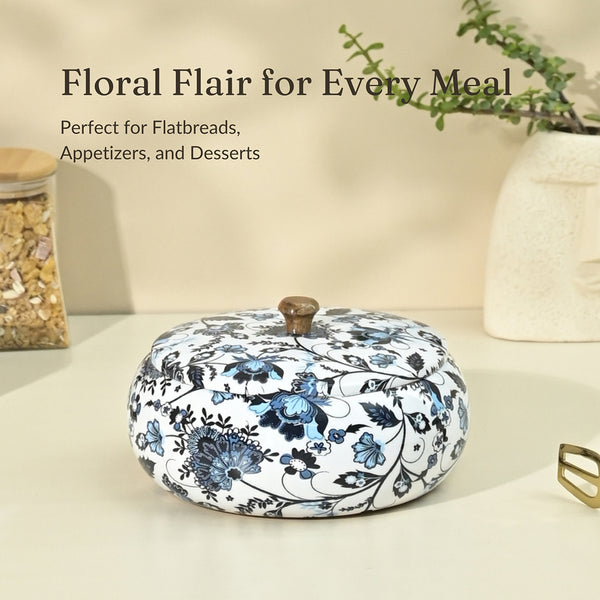 Mango Wood Chapati Box | Floral Print | Blue