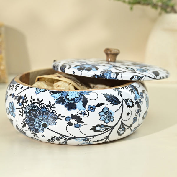 Mango Wood Chapati Box | Floral Print | Blue