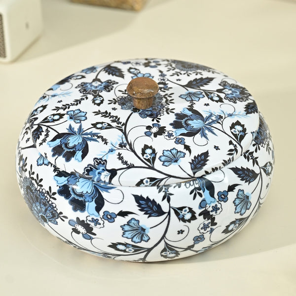 Mango Wood Chapati Box | Floral Print | Blue