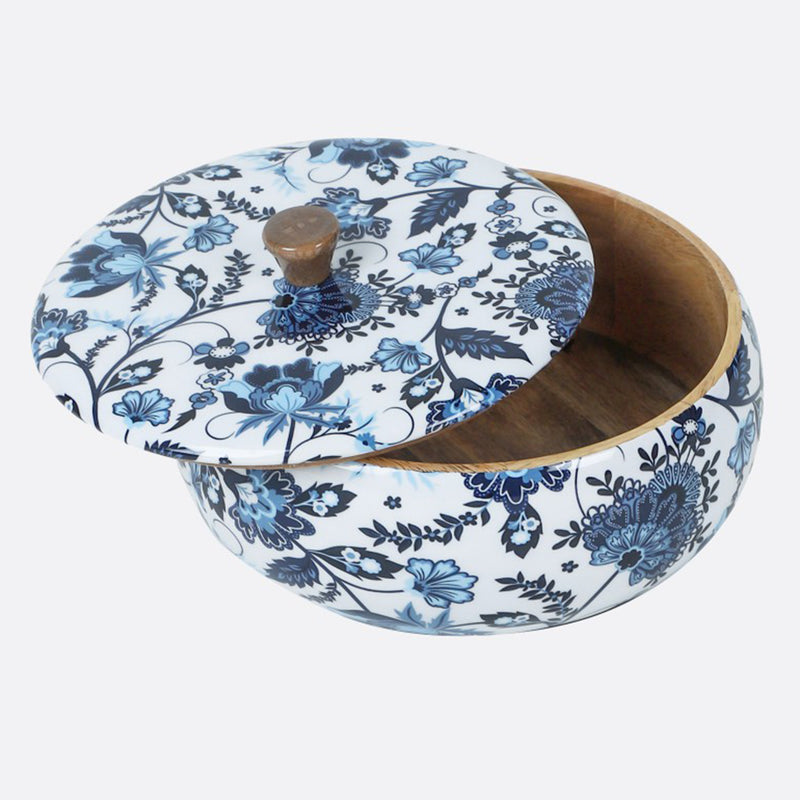 Mango Wood Chapati Box | Floral Print | Blue