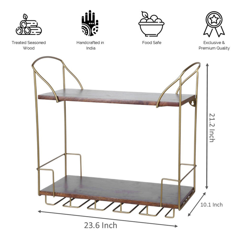 Wooden Kitchen & Bar Shelf | with Wine Glass Holder | Brown | 60 cm