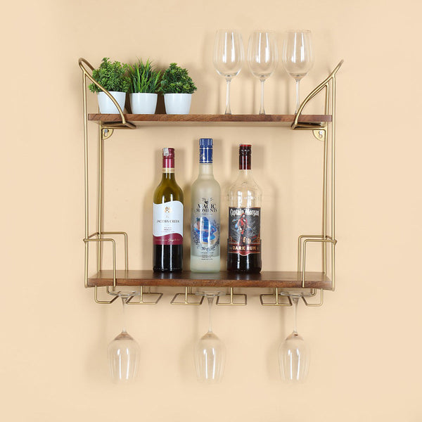 Wooden Kitchen & Bar Shelf | with Wine Glass Holder | Brown | 60 cm