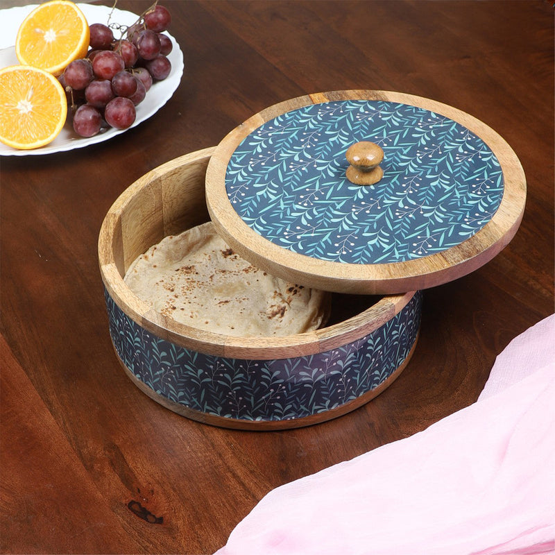 Wooden Roti Box with Lid | Blue & Brown | 22 cm