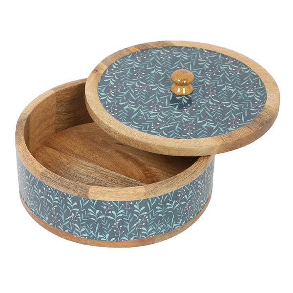 Wooden Roti Box with Lid | Blue & Brown | 22 cm