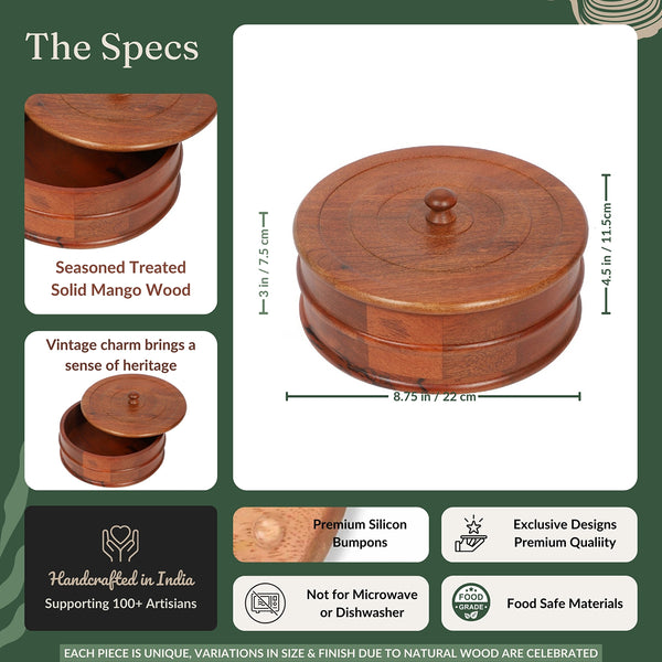 Wooden Chapati Box with Lid | Brown | 22 cm