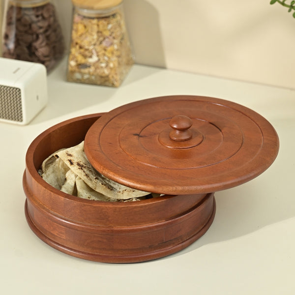 Wooden Chapati Box with Lid | Brown | 22 cm