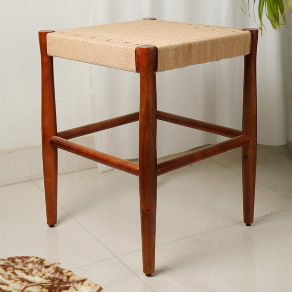 Wooden Sitting Stool | Jute Top | Walnut Brown | 52 cm