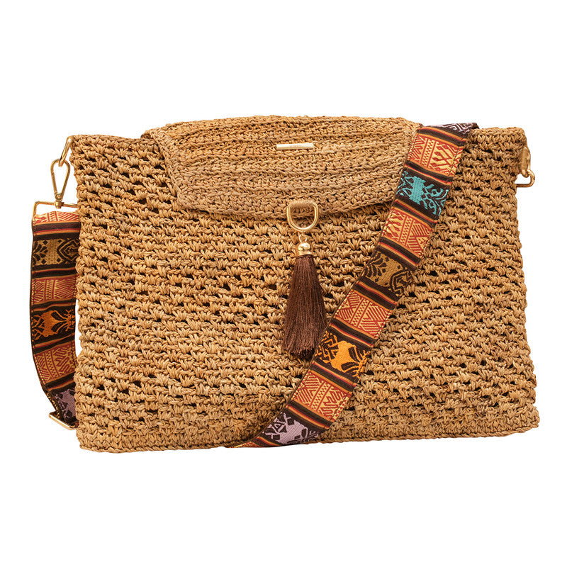 Banana Bark Cross-Body Laptop Bag | Knitted | Brown Tassels & Multicolour Belt