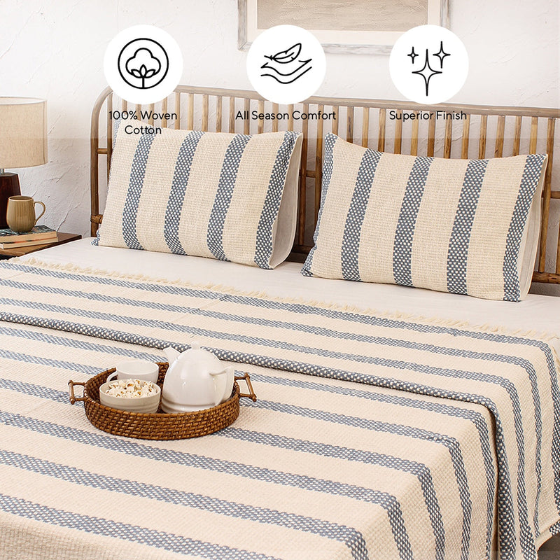 Cotton Bed Cover | Woven Design | Double Size | Blue