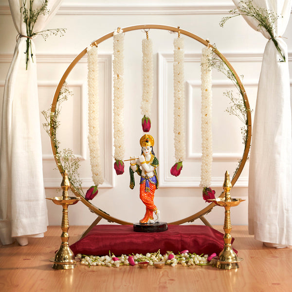 Metal Backdrop Stand for Pooja Decoration | Round Shape | Gold | 63 cm