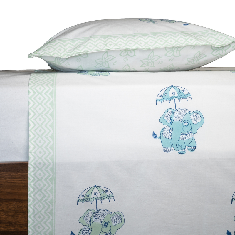 Cotton Single Bedsheet with Pillow Cover | Elephant Design | White |
