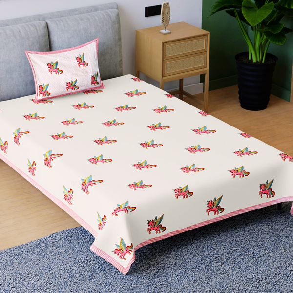 Cotton Single Bedsheet with Pillow Cover | Unicorn Design | White |