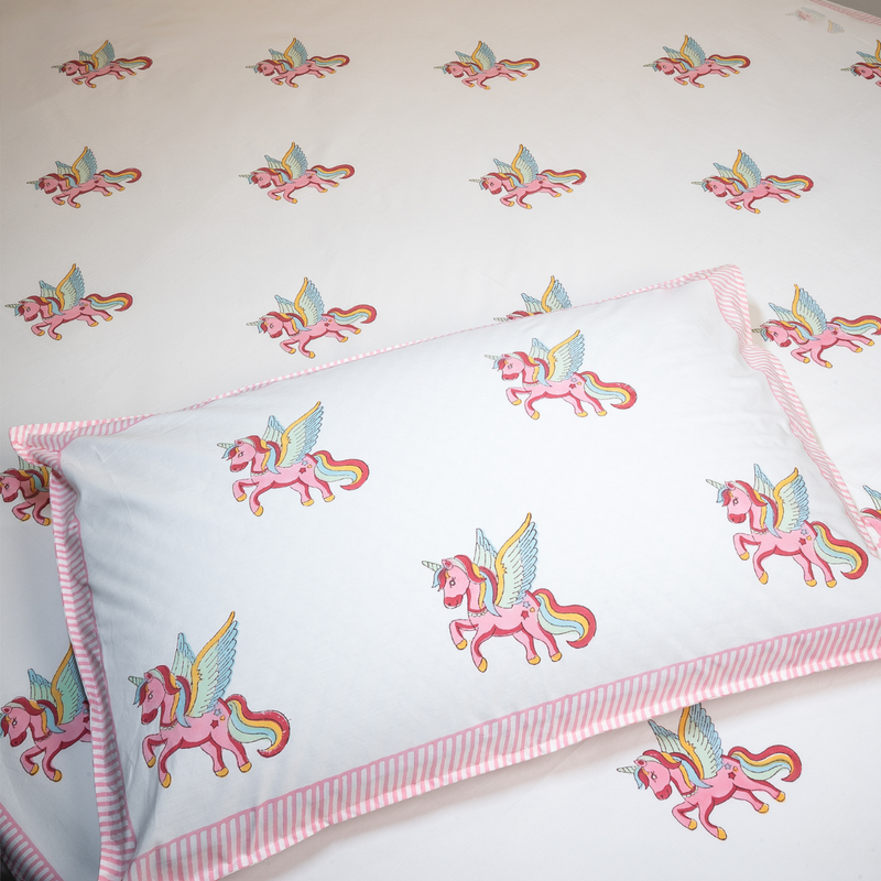 Cotton Single Bedsheet with Pillow Cover | Unicorn Design | White |