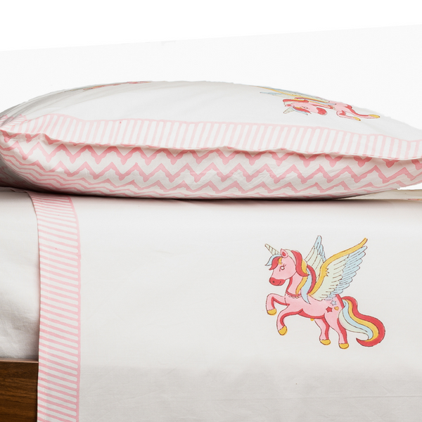 Cotton Single Bedsheet with Pillow Cover | Unicorn Design | White |