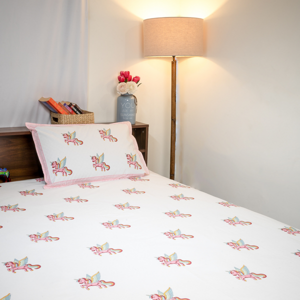 Cotton Single Bedsheet with Pillow Cover | Unicorn Design | White |