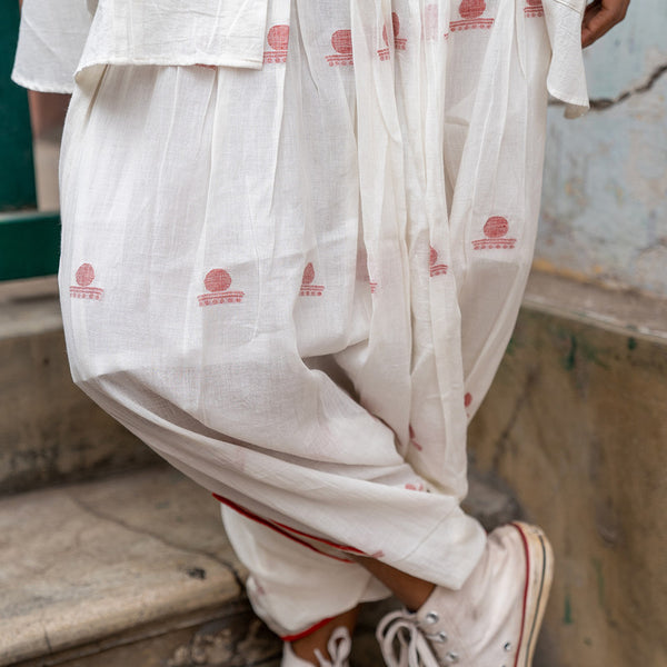 Jamdani Flared Dhoti Pants | Mul Cotton | White