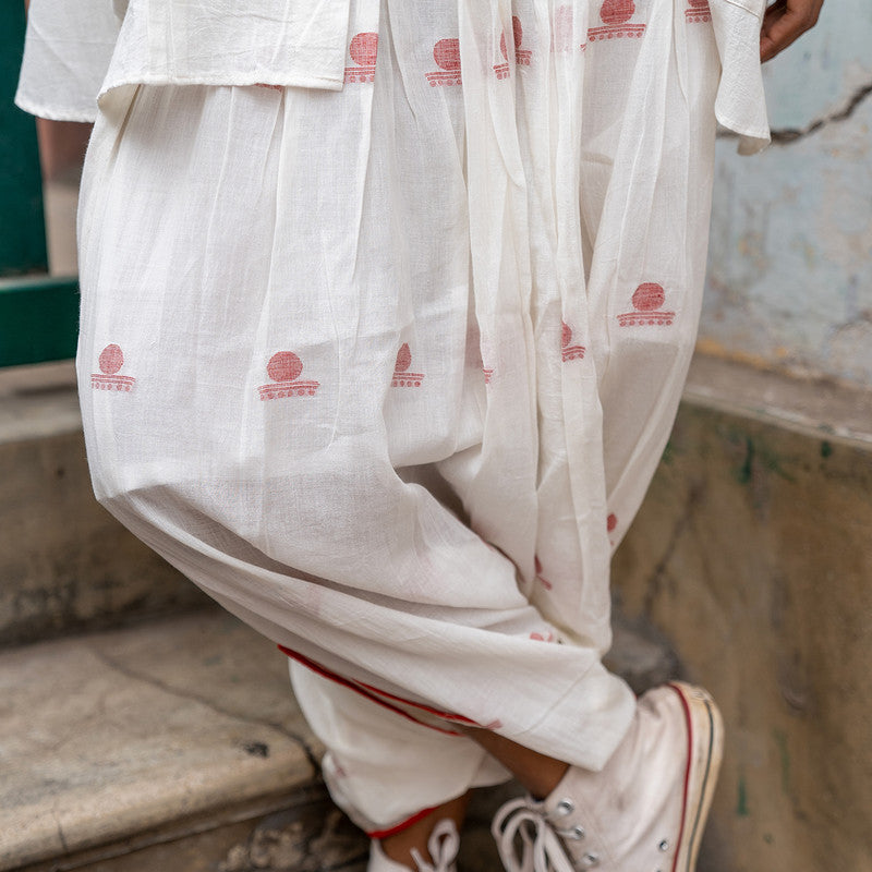 Jamdani Flared Dhoti Pants | Mul Cotton | White