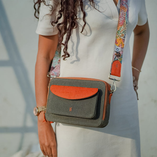 Canvas & Cork Crossbody Bag | Orange & Khaki