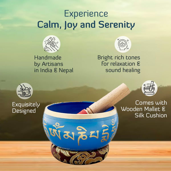 Sacred Mantra Singing Bowl with Cushion & Wooden Mallet | Sound Healing Essentials| Blue