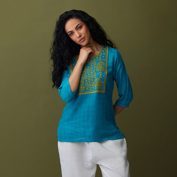 Embroidered Short Kurti for Women | EcoVero | Turquoise