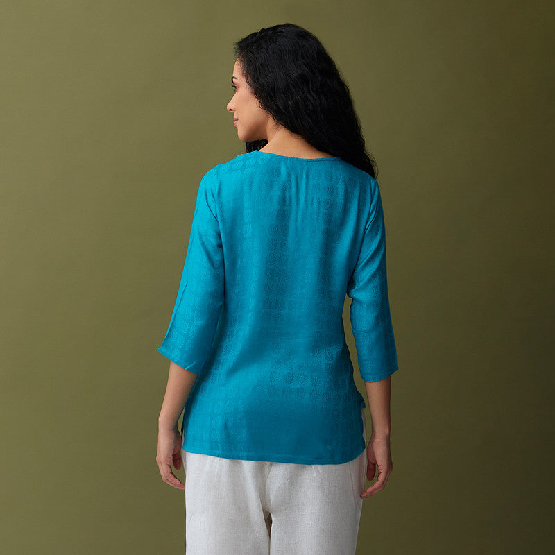 Embroidered Short Kurti for Women | EcoVero | Turquoise