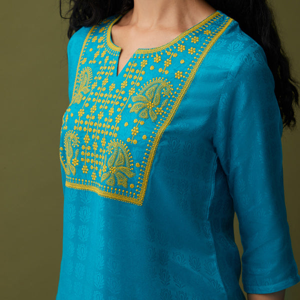 Embroidered Short Kurti for Women | EcoVero | Turquoise