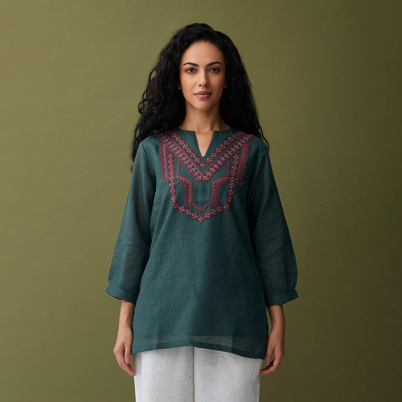 Linen Short Kurta for Women | Embroidered | Olive