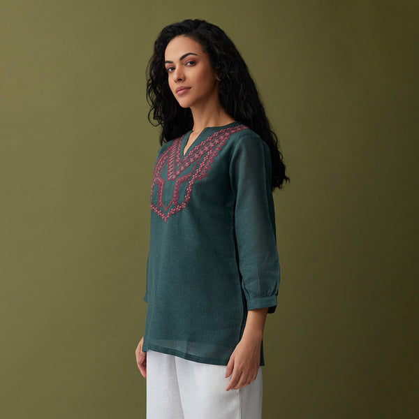 Linen Short Kurta for Women | Embroidered | Olive