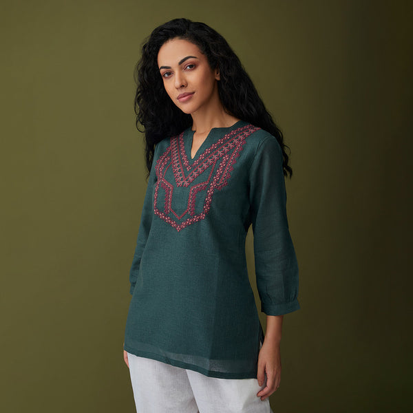 Linen Short Kurta for Women | Embroidered | Olive