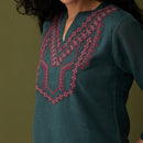 Linen Short Kurta for Women | Embroidered | Olive