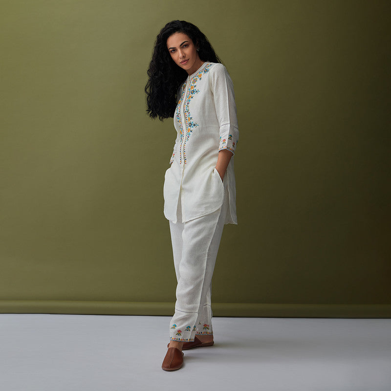 Linen White Co Ord Set for Women | Embroidered